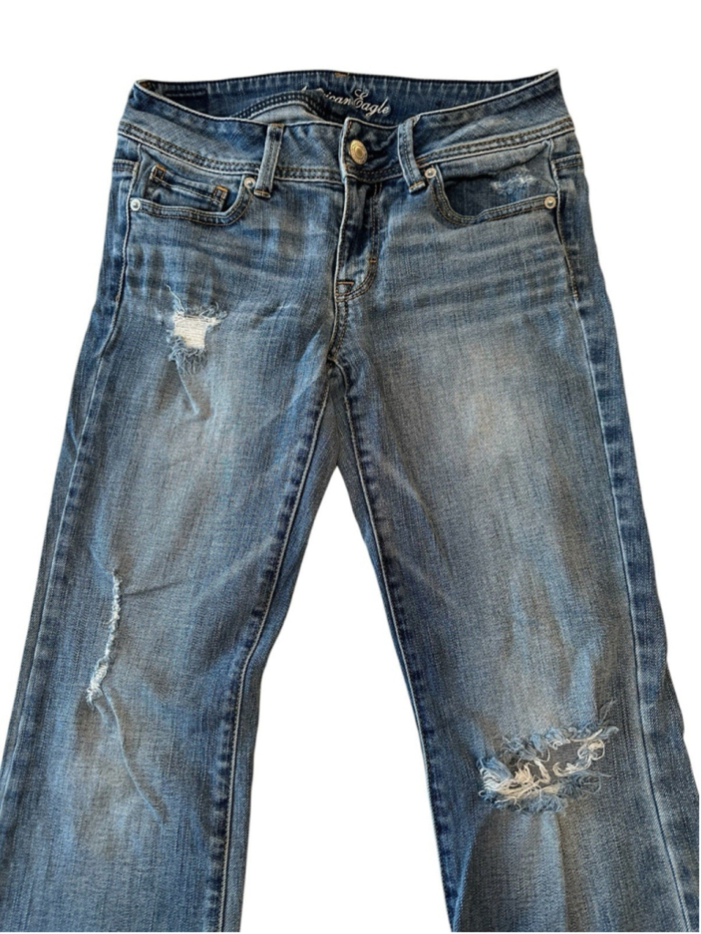 American Eagle Bootcut Jeans Low Rise Women 4 Blue Stretch Distressed Destructed - Picture 3 of 16